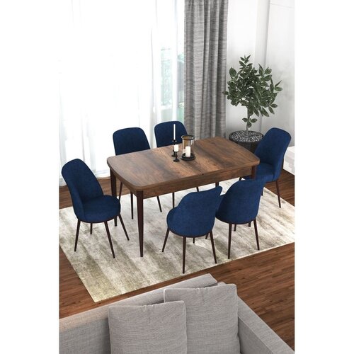 Hanah home trpezarijski set Via, sto na razvlačenje i 6 stolica, ploča u dekoru drveta Baroque, teget tkanina Jerry Cene
