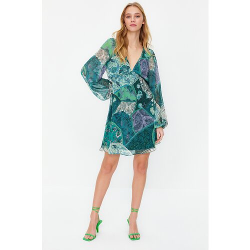 Trendyol Green Waist Opening Chiffon Lined Mini Woven Dress Slike