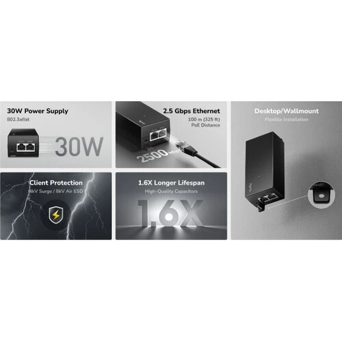 Cudy POE200H,30W 2.5 Gbps PoE+ Injector,10/100/1000/2500 Mbps Slike