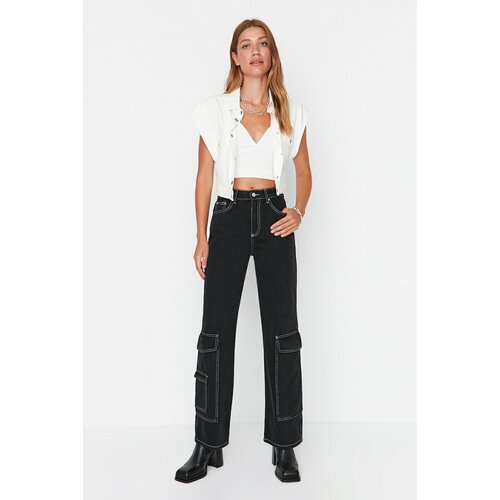 Trendyol Black Contrast Stitched High Waist 90's Wide Leg Jeans with Cargo Pocket Slike