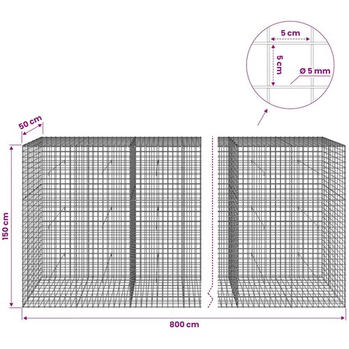  Gabion s 5 mm žicom i mrežom 5x5 cm 800x50x150 cm Slike