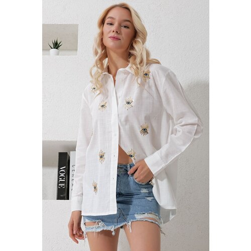 Trend Alaçatı Stili Women's White Flamed Linen Embroidered Oversize Shirt Slike