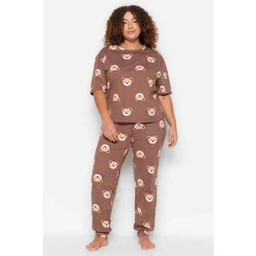 Trendyol Curve Plus Size Pajama Set - Brown - With Slogan