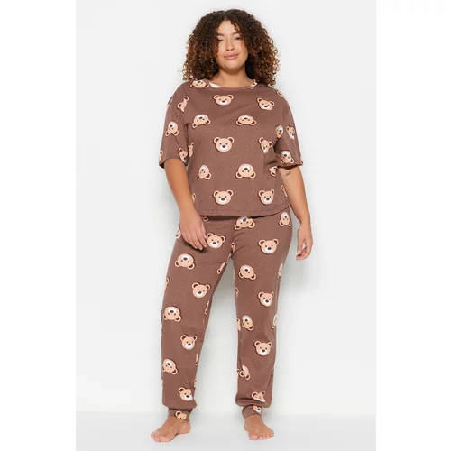 Trendyol Curve Plus Size Pajama Set - Brown - With Slogan