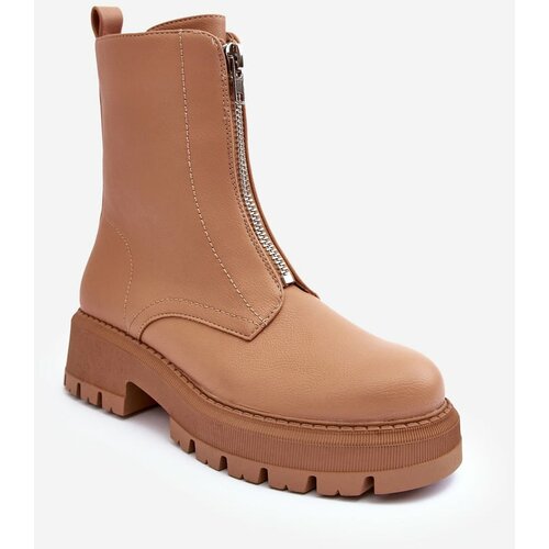 Kesi Leather flat ankle boots with zipper Camel Vimal Slike