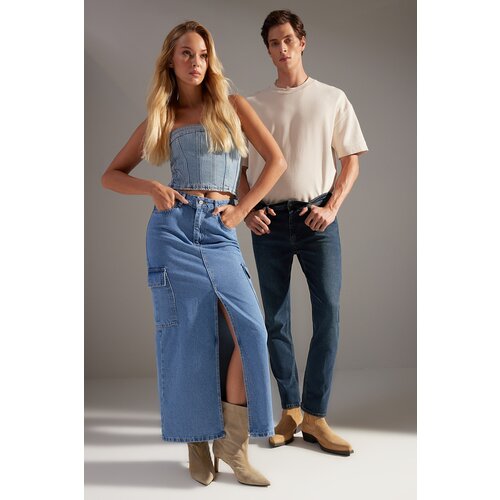 Trendyol Blue Maxi Denim Skirt with Cargo Pocket Cene
