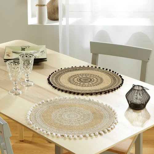 Douceur d int&amp;eacute;rieur pogrinjki SET DE TABLE (0) 38 CM JUTE IMPRIME+POMPONS RENATA NOIR X4 Bež Slike