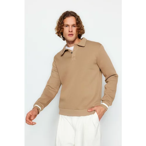 Trendyol Mink Men's Oversize Buttoned Polo Collar with Striped Sleeves, Fleece Inner Sweatshirt.