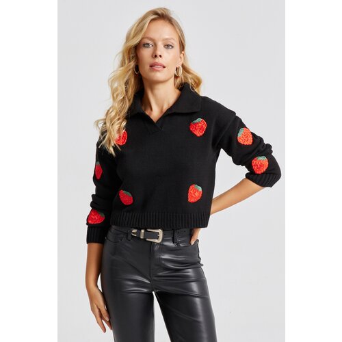 Cool & Sexy Women's Black Strawberry Patterned Knitwear Sweater Cene