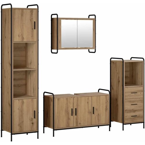  Set ormarića za kupaonicu 4 kom. Hrast artisan 40 x 36 x 181 cm - Hrast artisan Ormar ispod sudopera (3 vrata) + viseći ormar + Slike