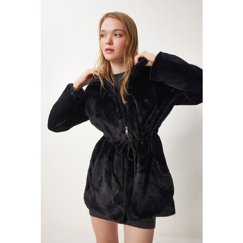  Women's Black Zippered Oversized Sheepskin Plush Coat Cene