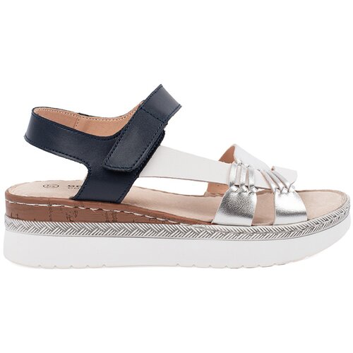 GOODIN White and navy platform sandals with metallic embellishment Cene