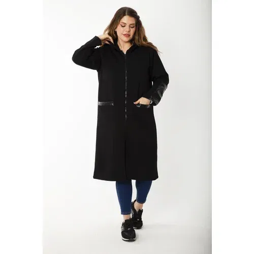 Şans Women's Plus Size Black Front Zippered Hooded Unlined Faux Leather Garnish Coat