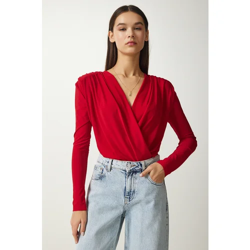  Women's Red Wrap Collar Snap-On Knitted Blouse