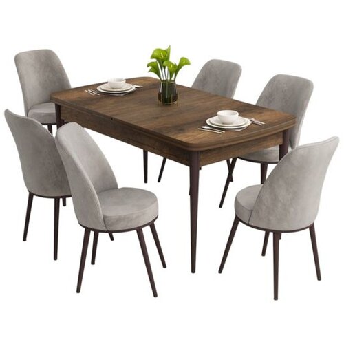 Hanah home trpezarijski set Nix, sto na razvlačenje i 6 stolica, ploča u dekoru drveta Baroque, siva tkanina Babyface Cene