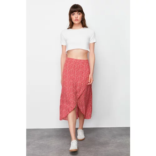 Trendyol Red Slit Floral Patterned Midi Woven Skirt