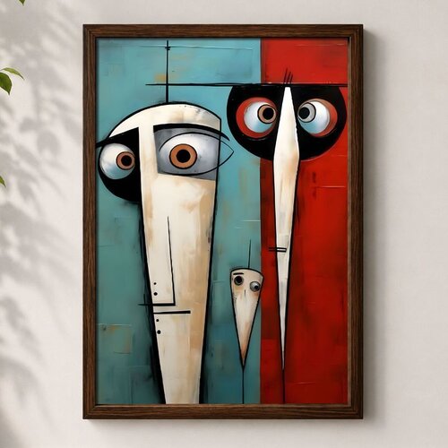 Wallxpert uramljena MDF slika 3752KACT-069, apstraktna lica sa velikim očima na tirkiznoj i crvenoj pozadini, 37 x 52 cm Slike