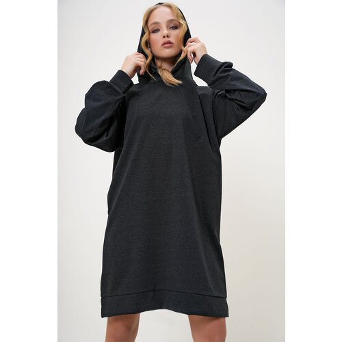 Trend Alaçatı Stili Women's Anthracite Hooded Sweatshirt Dress Cene