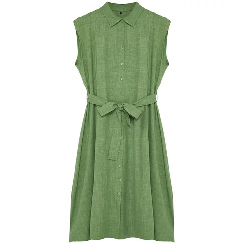 Trendyol Curve Mint Large Size Belted Waist Woven Shirt Dress