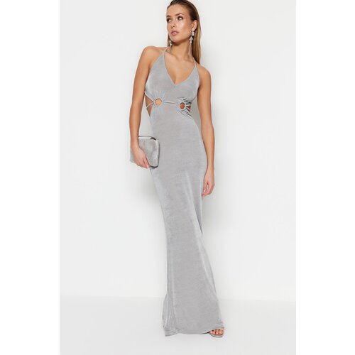 Trendyol Gray Fitted Evening Dress With Knitting Out Detailed and Shimmering Slike