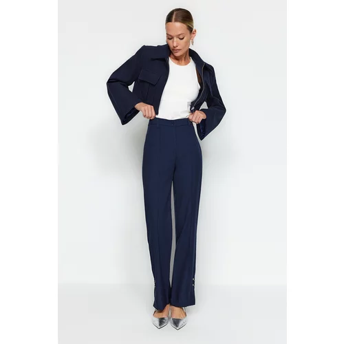 Trendyol Navy Blue Straight Leg Trousers With Loop Detail, Woven Ribbed Trousers