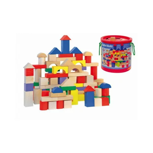 Woody Konstrukcijska igrača barvne/naravne kocke s pokrovom z odprtinami zanje, 100 delov