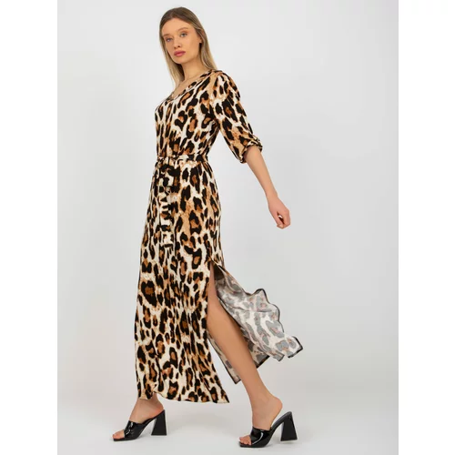 Fashion Hunters Beige and black midi dress with leopard pattern and tie