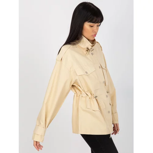 Fashion Hunters Light beige cotton transitional jacket with ribbing
