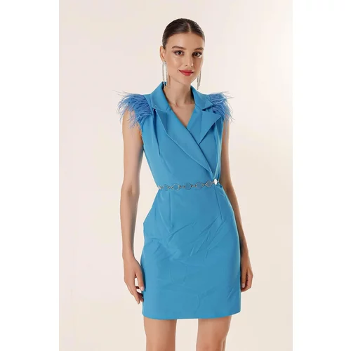 By Saygı Double-breasted Collar Feather Detailed Dress With a Belt Blue