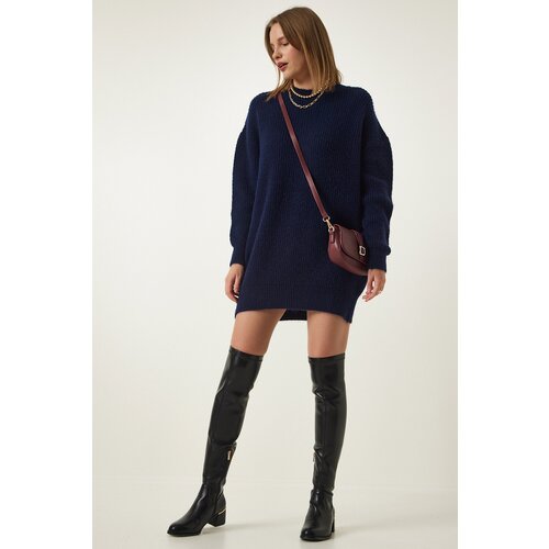  Navy Blue Oversize Long Basic Knitwear Sweater Slike