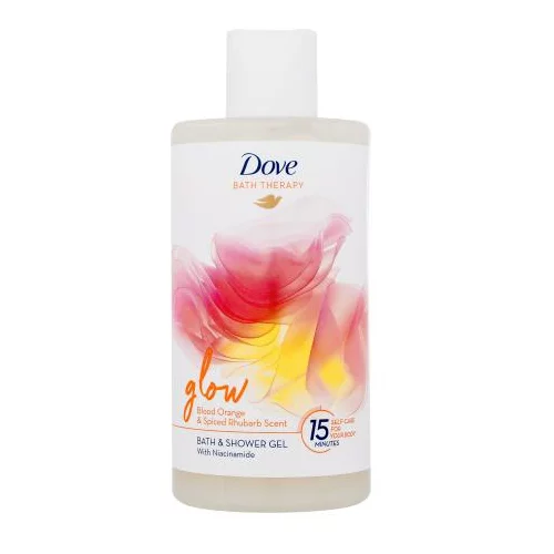 Dove Bath Therapy Glow Bath & Shower Gel gel za prhanje in pena za kopel z vonjem rdeče pomaranče in rabarbare 400 ml za ženske