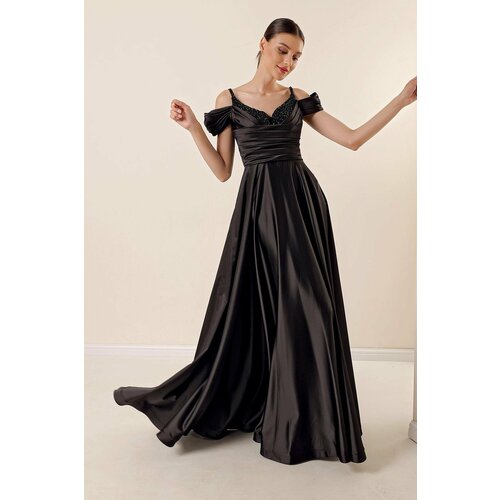By Saygı Evening Dress with Rope Straps, Low Sleeves, Stone Detailed and Lined Long Satin Evening Dress with Front Drape. Black Slike