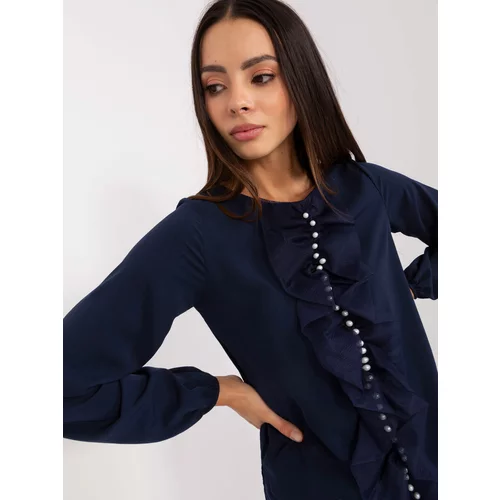 Fashion Hunters Lady's dark blue formal blouse with pearls