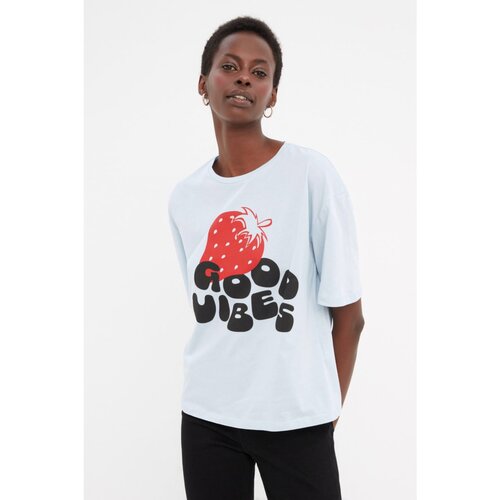 Trendyol Blue Printed Loose Knitted T-Shirt Slike