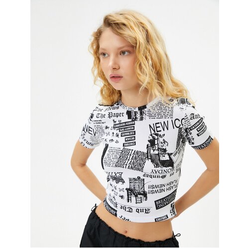 Koton Printed Crop T-Shirt Slim Fit Short Sleeve Crew Neck Cotton Slike