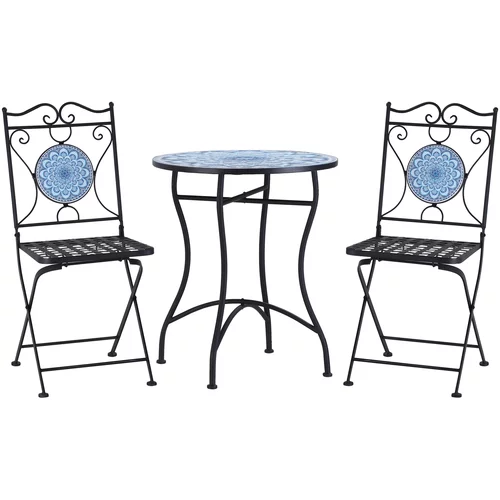 Outsunny Vrtna garnitura 3 kosov z mozaikom, okrogla zunanja stranska miza in 2 kovinska zložljiva stola, modra, (20710925)