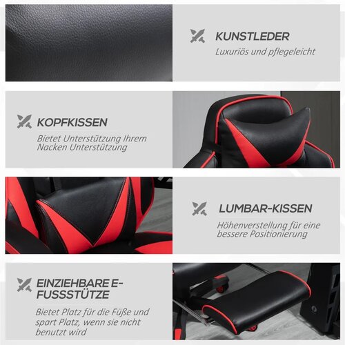 Ergonomska gamerska stolica okretna s uvlačivim osloncem za noge podesivim naslonom PU koža crna‑crvena Slike