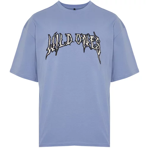 Trendyol Men's Blue Oversize Custom Embroidered 100% Cotton T-Shirt