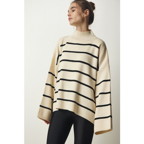 Happiness İstanbul Women's Cream High Neck Striped Oversize Knitwear Sweater Slike
