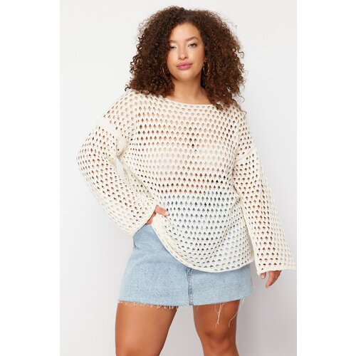 Trendyol Curve Beige Openwork/Perforated Low Sleeve Fine Knitwear Sweater Cene