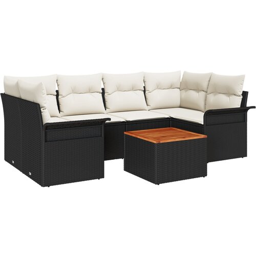 VidaXL 7-dijelni vrtni set sofe s jastučićima crni poli ratan akacija, dvosjedna vrtna sofa s pohranom i jastučićima crni poli ratan Slike