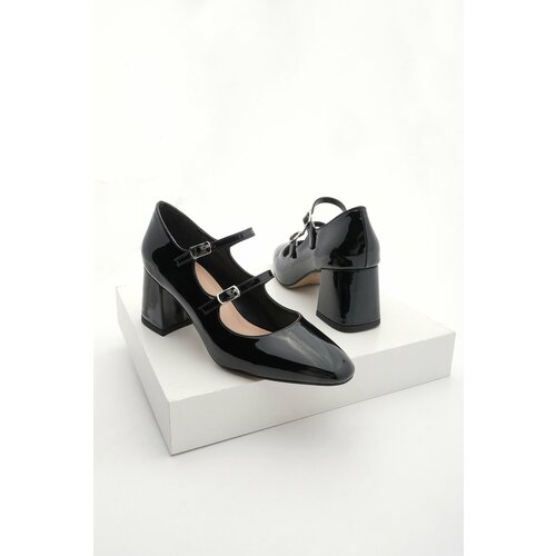Marjin Women's Chunky Heel Double Strap Classic Heel Shoes Asney Black Patent Leather Slike