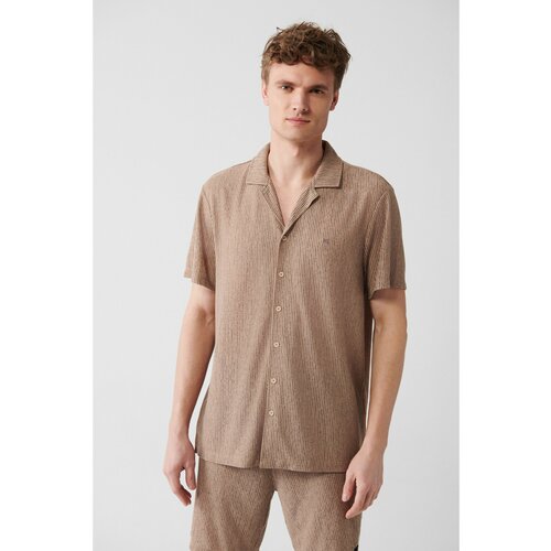 Avva Men's Beige Cuban Collar Knitted Jacquard Easy-Iron Short Sleeve Standard Fit Regular Cut Shirt Cene