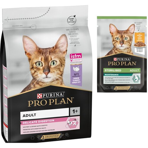 Pro Plan suha mačja hrana + 6 x 85 g mokre hrane gratis! - Adult Delicate Digestion bogata s puranom (3 kg) + Pi&scaron;čanec (6 x 85 g) Cijene