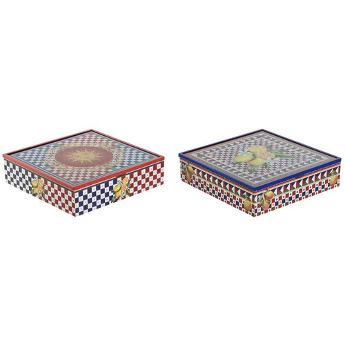  Kutija za Čajeve Home ESPRIT Plava Crvena Pisana Metal Kristal Drvo MDF 24 x 24 x 6 5 cm (2 kom.) Cijene