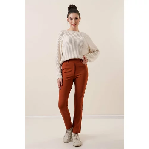 By Saygı Lycra Trousers with Fake Pockets on the Front Wide Size Range Claret Red
