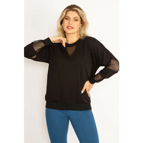 Şans Women's Plus Size Black Fishnet Detailed Sweatshirt