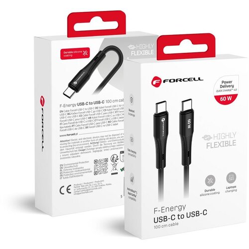 forcell F-ENERGY C344 kabl Type C na Type C QC4. 0 PD 3A 60W silikon 1 m crni Cene