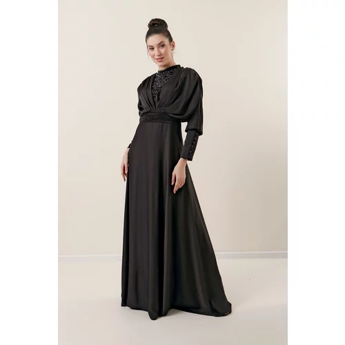 By Saygı Lined Front Beaded Satin Long Dress with Gathered Button Detailed Sleeves