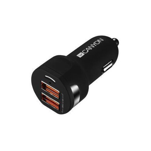 Canyon C-04 Universal 2xUSB car adapter, Input 12V-24V, Output 5V-2.4A, with Smart IC, black rubber coating with silver electroplated ring, 59.5*28.7*28.7mm, 0.019kg - CNE-CCA04B Cene